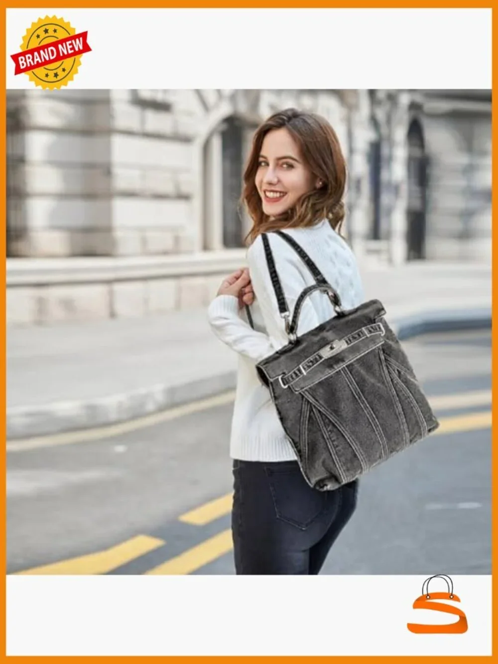 Washed Denim Blue Backpack College Style Handbags Women Shoulder Bag Student
